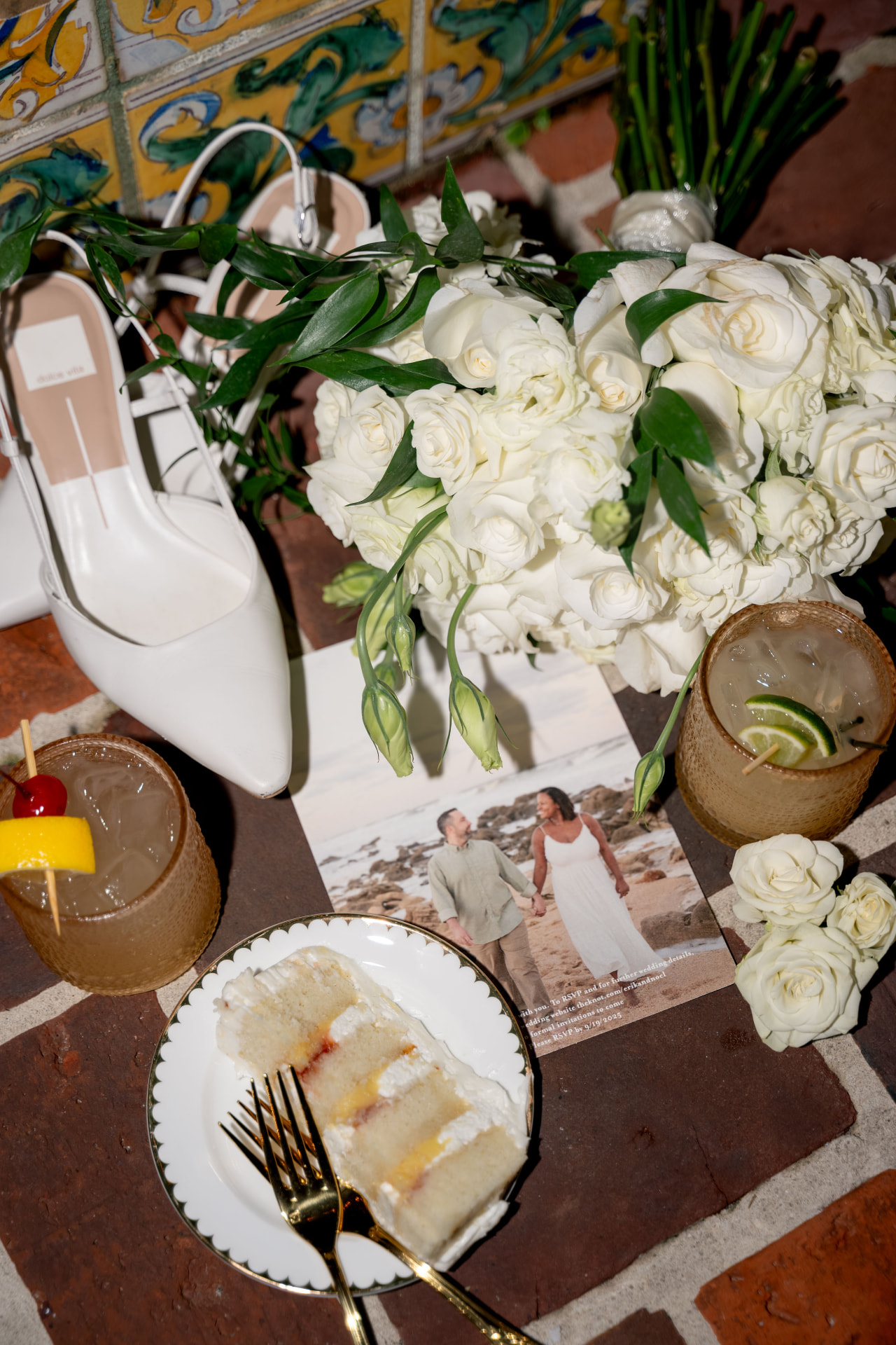 Wedding details with bouquet, shoes and cocktails